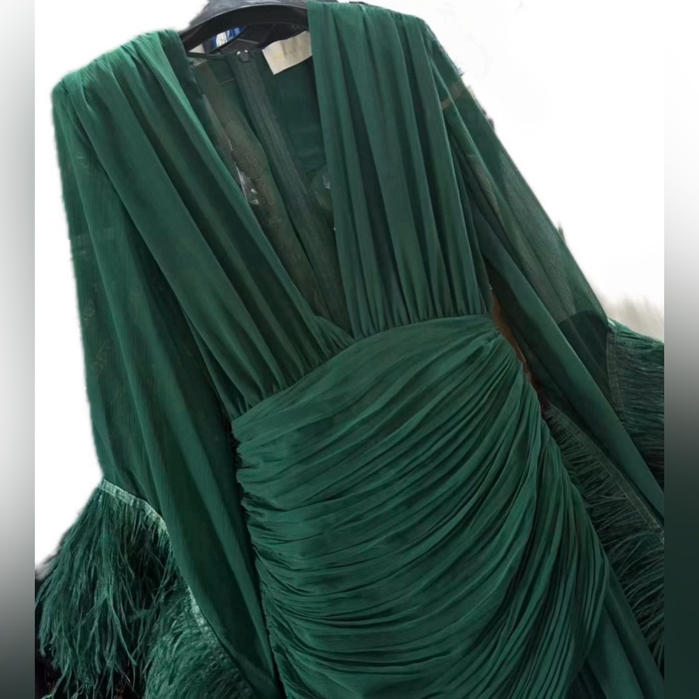 Bronx & Banco DarkGreen Ostrich FeatherEmbellished Geisha Wrap Maxi Dress S NWOT - Picture 2 of 4